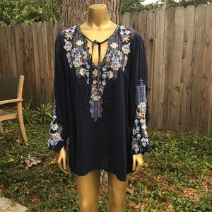 Johnny Was navy blue embroidered top/ tunic